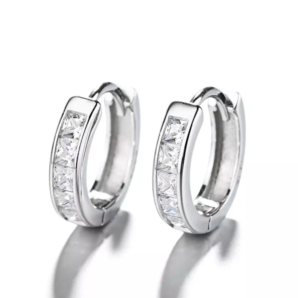 925 Sterling Silver Plated Square CZ Huggie Hoop Earrings 16mm Unisex